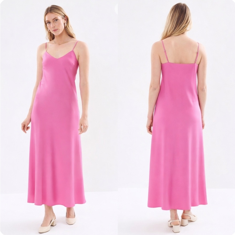 Anthropologie Selected Femme Lena Maxi Slip Dress Pink Satin Sz 10 US Minimalist